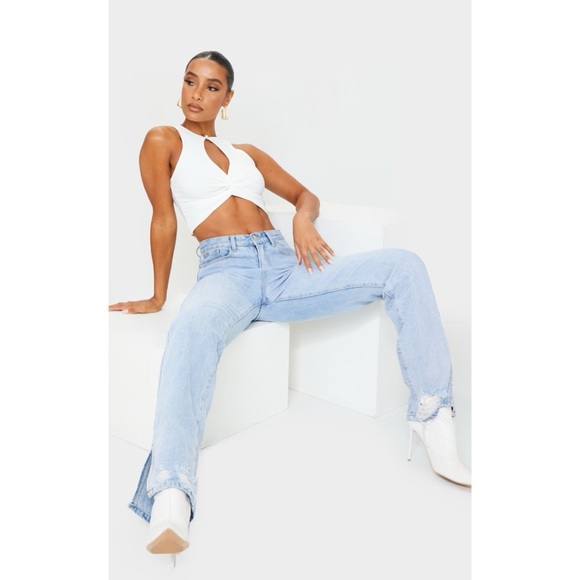 Pretty Little Thing White Slinky Cross Front Key Hole Crop Top Small - Picture 3 of 6